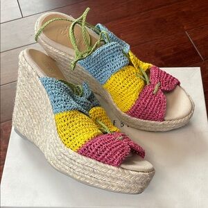 NIB Manebi Open Toe Crochet Lace Up Ankle Wrap Wedge Espadrille 37